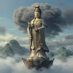 craig mullins and ghibli digital illustration of a huge guanyin statue composed of dark clouds and smoke floats on the a boat in the air, summer ， mountain, unreal engine, hyper realism, realistic shading, cinematic composition, realistic render, octane render, detailed textures, photorealistic, wide shot