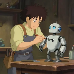 a wholesome animation key shot of a carpenter fixing a broken robot that is on top of a table, medium shot, waist up, studio ghibli, pixar and disney animation, sharp, rendered in unreal engine 5, anime key art by greg rutkowski, bloom, dramatic lighting