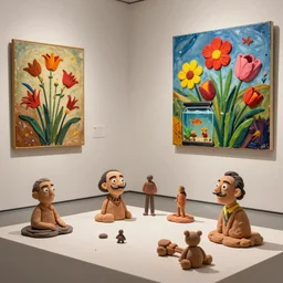 plasticine sculpture stop motion. salvador dali clay models. gallery. paintings of flowers. room with small hole in wall figures minimal. tilt shift. fish tank. visitors. photorealistic. john craxton.