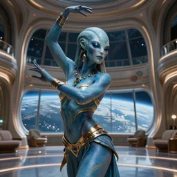 vfx movie scene closeup portrait of beautiful blue skin fit skimpy alien woman dancing in sleek futuristic decadent spaceship pillars, futuristic ballroom. giant windows view of earth obit. by emmanuel lubezki