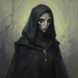 a painting of a hooded creature with a necklace by ben templesmith and greg rutkowski, concept art, fantasy art, wiccan, lovecraftian, mystical trending on cgsociety, trending on artstation