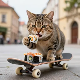 happy cat on a skateboard eating sushi in legnica, realistic photograph