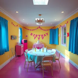empty 9 0 s birthday party room with no windows and yellow walls