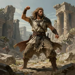 linearization, dynamic pose, costume design made by nordic tribes, sophisticated composition, old masters light composition, procedurally generated, dynamic brush strokes, dynamic pose, natural light, epic human character posing for concept art, beautiful ancient ruins behind, substance designer, PBR, Ultra detailed, hyperrealistic, megascans, volumetric light, concept by master artist, made in paint tool SAI2, trending pixiv face