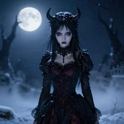 full shot portrait of angry darkness Clara Morgane as a cute anime girl at moonlight, snowing, gothic wearing, inspired by Tim Burton, Karin, Amano, detailed, unreal engine 4k volumetric light, fog,