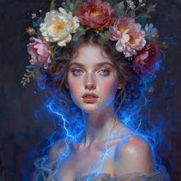 a beautiful fantasy oil painting hyperrealism of a beautiful woman, flowers, floral headdress, 8 k resolution, octane render, trending on artstation, by gediminas pranckevicius, volumetric light 2 blue fractal thunder glow by dan mumford, anaglyph effect, laurie lipton