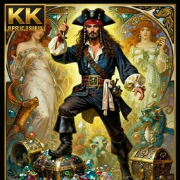 hyperrealist portrait of a pirate sultan stepping on a treasure of gems and mythical animals. by jeremy mann and alphonse mucha, fantasy art, photo realistic, dynamic lighting, artstation, poster, volumetric lighting, very detailed faces, 4 k, award winning