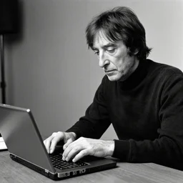 john lennon sitting a desk typing on a laptop computer, black and white photo, real, photorealistic