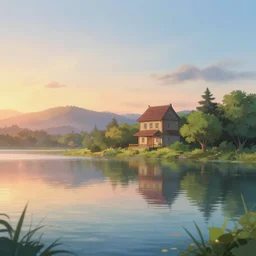 a serene landscape with a singular building near a lake at sunrise, pixar style, ghibli studio anime style, 8 k hdr, octane render, unreal engine,
