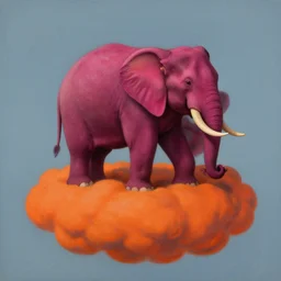 a surrealist painting of a fuchsia elephant on a bright orange cloud, in the style of magritte