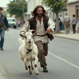 Jesus gets chased down the street by an angry goat, film still
