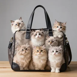 lots of furry cute cats inside a big handbag, the handbag is over a wood table, stock photo, gray background, studio lighting, detailed photo, 4 k, 8 k