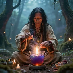 a shaman preparing a magic decoction in a dreamy atmosphere, 4 k, 3 d, photo