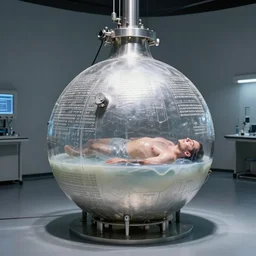 a perfect photograph of a human test specimen in a laboratory designed by a squid. the bulbous aluminium machinery is covered with lewd cryptic instructions embossed on the surface. the man is submerged in a viscous molten plastic. perfect focus, studio lighting, gallery setting