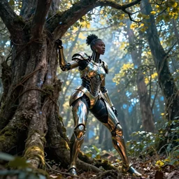 hyperrealistic post - symbolism cinematic super expressive! black woman with exoskeleton armor, merging with tree in a forest, highly detailed digital art masterpiece, smooth cam de leon eric zener dramatic pearlescent soft blue yellow light, ground angle hd 8 k, sharp focus