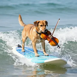 dog playing violin on a surf board
