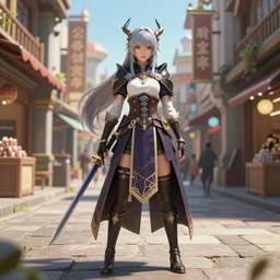 procedurally generated, epic mage girl character posing for concept art, costume design from shopping mall, ancient city streets behind her, substance designer, PBR, HD, Ultra detailed, hyperrealistic, megascans, volumetric light, concept by master artist, made in paint tool SAI2, trending pixiv face