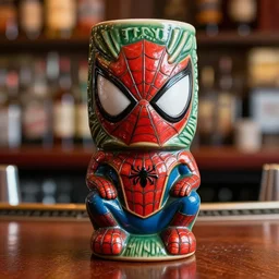 a closeup photorealistic photograph of a spider man style tiki mug placed on a trader vic's bar featuring the face of spider man. tiki theme. bright scene. fine detail. this 4 k hd image is trending on artstation, featured on behance, well - rendered, extra crisp, features intricate detail, epic composition and the style of unreal engine.