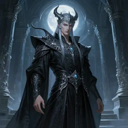 portrait of male ice wizard, black clothes, in the temple of hell, moon light, sci - fi and fantasy, intricate and very very beautiful and elegant, highly detailed, digital painting, artstation, concept art, smooth and sharp focus, illustration, art by tian zi and wlop and alphonse mucha