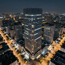 a big building in a modern and dense city. at night. photo with time exposure. perspectiv from above