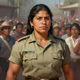 epic portrait of muscular rigoberta menchu wearing short sleeved uniform explaining, guatemalan crowd for background, detailed, digital painting, artstation, concept art, donato giancola, joseph christian leyendecker, wlop, boris vallejo, breathtaking, 8 k resolution, extremely detailed, beautiful, establishing shot, artistic, hyperrealistic, beautiful face, octane render