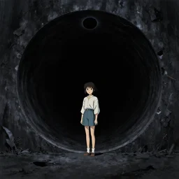 mamoru oshii miyazaki movie poster, brutalist, girl outside a dark sewer entrance, eclipse, vanta black, entrance to a dark tunnel, black circle, black round hole, black depths