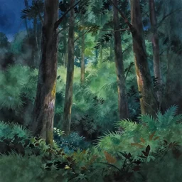 traditional watercolor painting of deep forest landscape with backlighting at night by makoto shinkai miyazaki kyoto animation