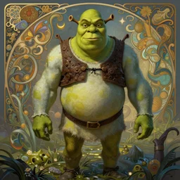 Shrek as God of Swamp, brutal, epic, intricate, elegant, highly detailed, digital painting, 4k, HDR, concept art, smooth, sharp focus, illustration, art by alphonse mucha,artgerm, H R Giger