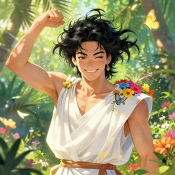 harmony of swirly black haired yoongi ( slicked back hairstyle, forehead showing ) wearing white greek clothes, smirking, gold earrings muted colors, colorful flowers, tropical, sunlight filtering through skin, dynamic hair movement, dynamic pose, glowing butterflies, j. c leyendecker, by alan lee, wlop! illustrated by starember, fantasy art by craig mullins