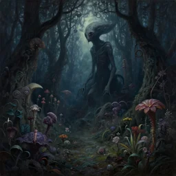 a cinematic masterpiece dark gothic painting of exotic alien mystical gothic forest of despair sorrow and misery at midnight, exotic flora, by Marc Simonetti, by Alex Grey, by Wayne Barlowe, by Paul Lehr, by Tim Hildebrandt, by Bruce Pennington, by Zdzisław Beksiński, oil on canvas, masterpiece, trending on artstation, featured on pixiv, cinematic composition, beautiful lighting, sharp, details, hyper-detailed, no frames, HD, HDR, 4K, 8K