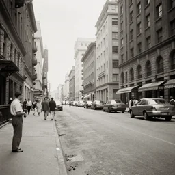 city street at 1 9 3 0 s. low angle. old photo