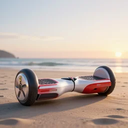 concpet art featuring a futuristic ferrari themed hoverboard at the beach during sunset. fine detail. this 4 k hd image is trending on artstation, featured on behance, well - rendered, extra crisp, features intricate detail, epic composition and the style of unreal engine.