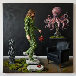 a pathology student in her apartment, wrapped in vines, stepping stones, octopus, berries, black walls, ikebana, black armchair, sculpture, moss, acrylic on canvas, surrealist, by magritte and monet