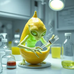 lemon alien, in a lab doing alien experiments on a lemon, fantasy, science fiction, highly detailed, white lab, modern alien lab mist