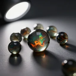 a hyperrealistic photograph of black fire opal marbles sitting on a table. lights above, with ray-tracing and caustics. vray, octane render,