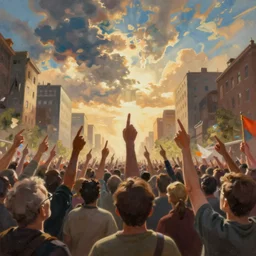 painting of a crowd with raised arms pointing toward, demonstration in city, cinematic view, epic sky, detailed, concept art, low angle, high detail, warm lighting, volumetric, godrays, vivid, beautiful, trending on artstation, by jordan grimmer, huge scene, art greg rutkowski