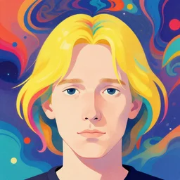 a colorful vibrant closeup portrait of a simple european man with blonde hair parted in the middle with a calm aesthetic face and dreaming psychedelic hair, by kawase hasui, moebius, edward hopper and james gilleard, zdzislaw beksinski, steven outram colorful flat surreal design, hd, 8 k, artstation