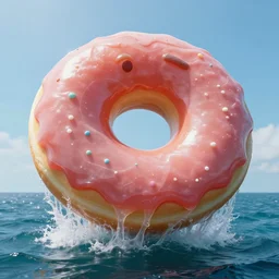 a massive jelly sculpture of a squashed face inside a giant jelly donut floating in the ocean, in the style of johnson tsang, cinematic, funny, hyper - realistic, very detailed, realistic jelly splashes, ray tracing, 8 k resolution, long - shot, sharp focus, low angle, 8 5 mm photograph, wide lens