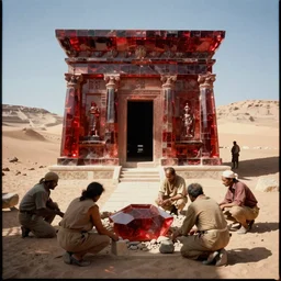 vintage film photograph of archaeologists uncovering a desert temple made of ruby glass