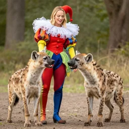 Margot Robbie dressed as Harlequin interacts with a playful spotted hyena, HDR, photorealistic, In the style of National Geographic