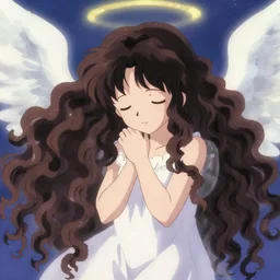 pawing at this soft unconscious, the world is dying, angel numbers, angelic lighting, long voluminous curly haired girl, cute, in the style of hideaki anno