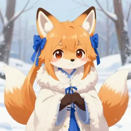 a cute anthropomorphic rare type of fox girl anthro wearing indigo ribbons and a fluffy robe, winter park background, very anime!!! kawaii!! furry!! intricate details, aesthetically complementary colors, scenic background, art by rising artists with a radically new style. trending on artstation, top rated on pixiv and furaffinity