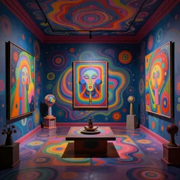 A mysterious, psychedelic room. Award-winning artwork by Alex Grey