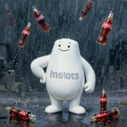 a surrealist painting of a mentos man in a rainstorm of coca cola