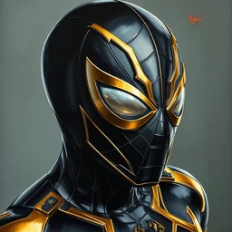 photorealistic, hyperdetailed, oilpainting, of a black and gold, spider - man suit, by greg rutowski