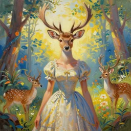 a portrait painting of female sika deer wearing dress ， humanoid, anthropomorphic, personify, trending by wenjun lin, irakli nadar, bright colors, octopath traveler, wenjun lin, unreal engine 5 highly rendered, global illumination, radiant light, detailed and intricate environment