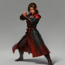 beautiful teenager female half elf monk, full body black and red longcoat, fist training, detailed face, brown hair, short ponytail, golden eyes, brown skin, high fantasy, high detail, smooth, digital illustration, by michael komarck, mtg art