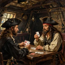 a painting of a pirates playing cards in a cabin of a 16th century galley, dark lighting, by Norman Rockwell