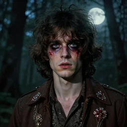 a beautiful but sinister young man in layers of fear, with haunted eyes and wild hair, 1 9 7 0 s, seventies, woodland, a little blood, moonlight showing injuries, delicate embellishments, painterly, offset printing technique