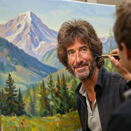 a closeup photorealistic photograph of bob ross detailing a canvas painting of kenny powers. mountains and trees. film still. brightly lit scene. this 4 k hd image is trending on artstation, featured on behance, well - rendered, extra crisp, features intricate detail, epic composition and the style of unreal engine.